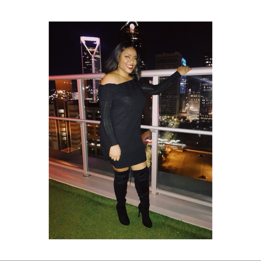 Black off the shoulder sweater dress